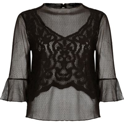 Black mesh lace flared sleeve top